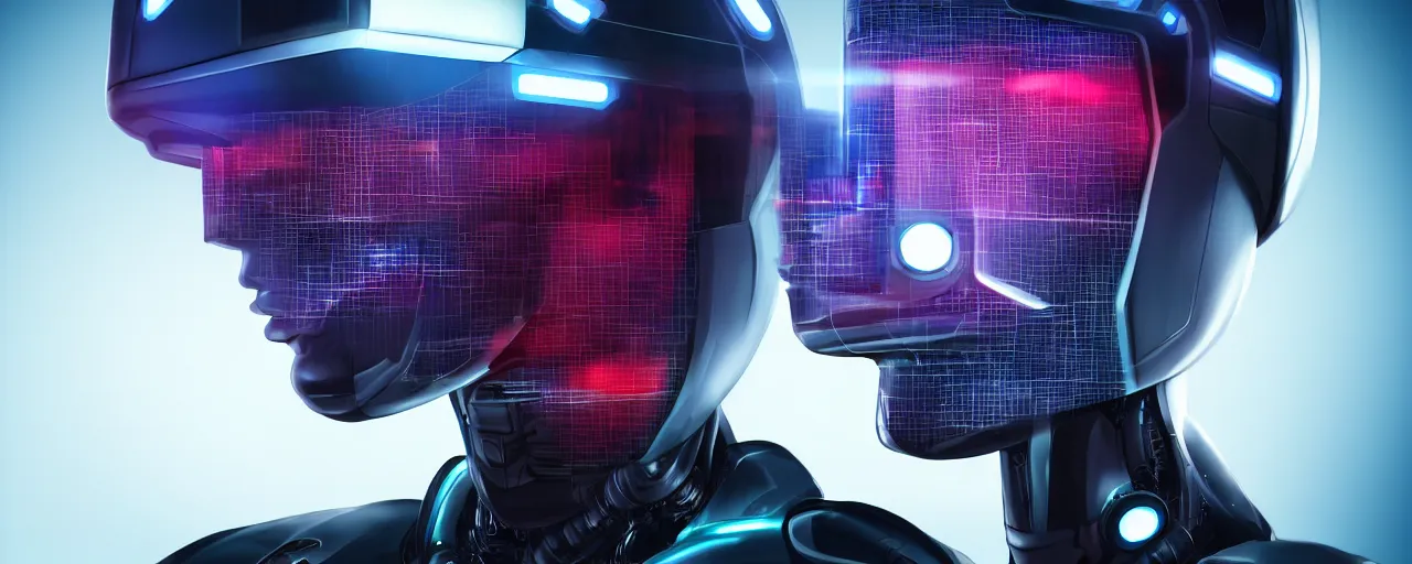 Image similar to portrait of a slick futuristic robot with a large square tv for a head, displaying a digital face. hyper realistic. cyberpunk background. intricate details