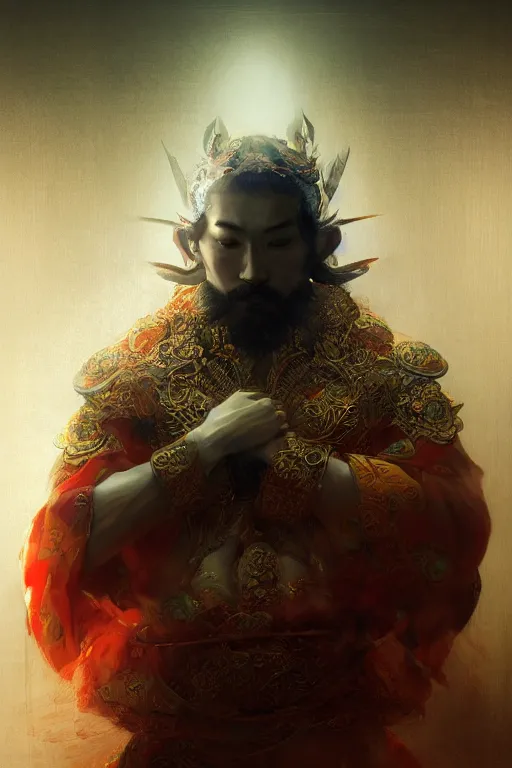 Image similar to Japanese god, portrait, powerfull, intricate, elegant, volumetric lighting, scenery, digital painting, highly detailed, artstation, sharp focus, illustration, concept art, ruan jia, steve mccurry