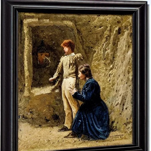 Image similar to young victorian man and woman solving a riddle carved into a stonewall in a dungeon, by alfred stevens