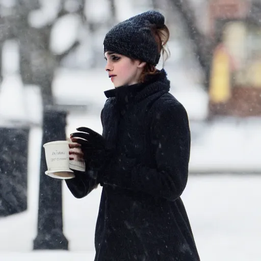 Prompt: photo of a cold emma watson holding a cup of warm milk, cozy