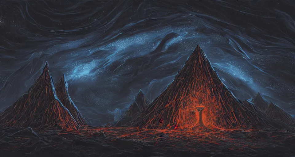 Prompt: black lovecraftian eldritch!! large obsidian pyramid!! surrounded by black mass of tentacles, endless cosmic sinister space!, bright stars, infinite nebula, sky background by eugene von guerard, ivan shishkin, night, concept art, trending on artstation, 8 k