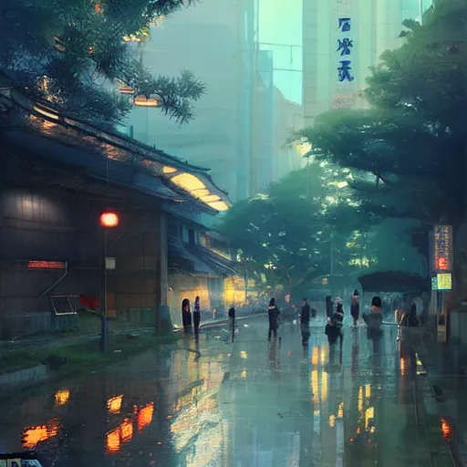 Prompt: evening tokyo walk in tachikawa. volumetric lighting, spring early morning, dew, nice weather, realistic illustration, perfectly shaded, soft painting, art by krenz cushart and wenjun lin