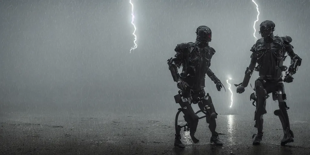 Image similar to 2 warriors in de exoskeletons battling each other in heavy rain, ground fog, moody lighting, 8 k, lightning, shallow depth of field, cinematic lighting,