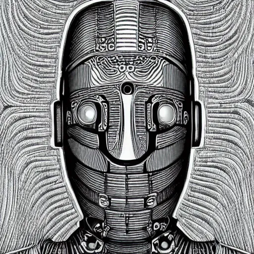 Image similar to portrait of cyberman, mash - up between mc escher and vincent van gogh