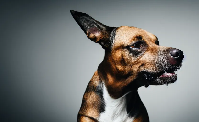 Image similar to studio photography of a dog, detailed face, hyper realistic, cinematic lighting, dark atmosphere, 8 k