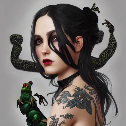 Image similar to attractive goth woman with a frog, intricate, highly detailed, digital painting, artstation, concept art, smooth, sharp focus, illustration, unreal engine 5, 8 k, art by artgerm and greg rutkowski and alphonse mucha