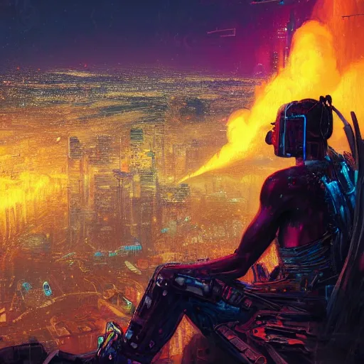 Prompt: a cyberpunk zulu warrior sitting on a cliff watching an enormous metropolitan city burn from a distance at night, by alena aenami and android jones and greg rutkowski, Trending on artstation, hyperrealism, elegant, stylized, highly detailed digital art, 8k resolution, hd, global illumination, radiant light, detailed and intricate cyberpunk ghetto environment, rendered in octane, post processed, wide angle, dynamic portrait