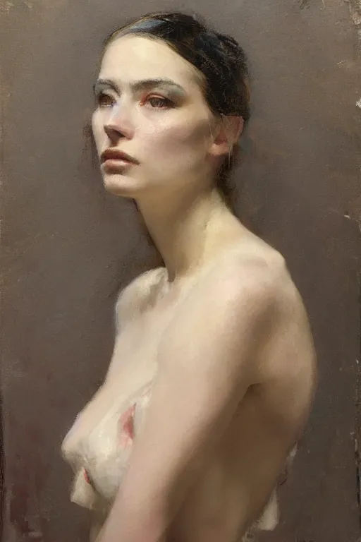 Image similar to Richard Schmid and Jeremy Lipking and Roberto Ferri full length portrait painting of a young beautiful woman