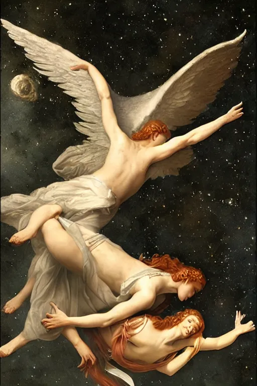 Image similar to angel falling to andromeda, very high resolution images, very fine details, very realistic, drawn by yulia iosilzon, and simone graci, plus a touch from raden pious in the depth of color and emotion