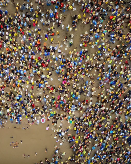 Image similar to drone photograph of the gigantic muscular body of gulliver, a young man from the early 1 7 th century, lies unconscious on a lilliputian beach, surrounded by thousands of tiny lilliputians wearing strange clothes. gulliver is dressed in early 1 7 th century male clothing designed in the style of sandy powell. hyperreal and cinematic, photorealistic, gulliver ’ s travels