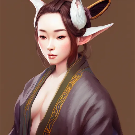 Image similar to A potrait of a beautiful, shapely woman with fox ears wearing a modest kimono from Skyrim, digital painting, by Stanley Artgerm Lau, WLOP, Rossdraws, LeraPi, and Sakimichan, digtial painting, trending on ArtStation, deviantart, SFW version