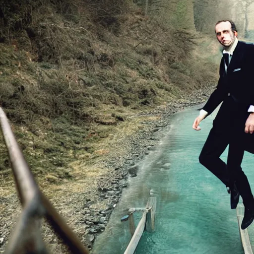 Prompt: Candid portrait photograph of Professor Moriarty about to jump off a bridge, taken by Annie Leibovitz