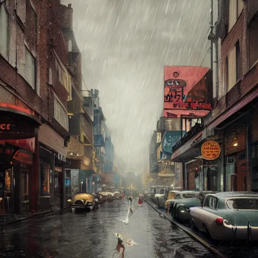 Prompt: 1 9 5 0 s town street in the middle of a rainstorm, fisheye!!!!!! lens, shot by jimmy nelson and greg rutkowski, cgsociety contest winner, intricately defined, complexly detailed, photorealistic photography, 4 k
