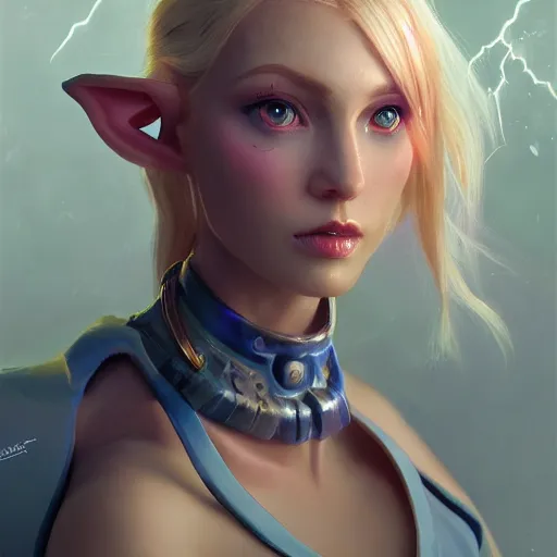 Image similar to a painting of an female elf wearing a skintight dress with blonde hair and blue eyes. by tooth wu and wlop and beeple and greg rutkowski. trending on artstation, highly detailed, volumetric lightning