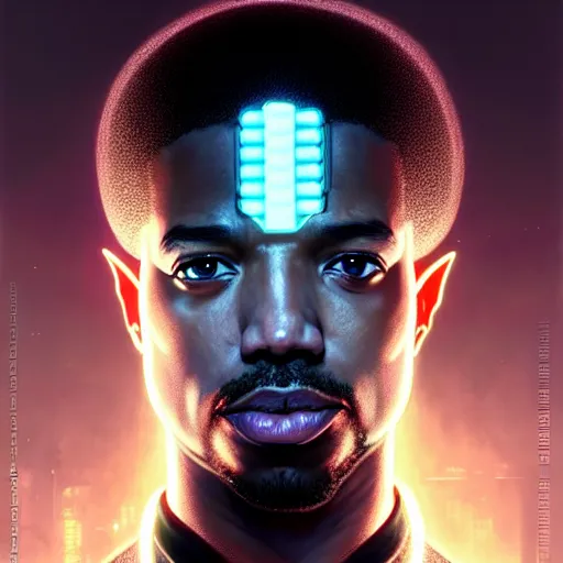 Prompt: portrait painting of a cyberpunk corporate boss elven michael b. jordan, ultra realistic, concept art, intricate details, eerie, highly detailed, photorealistic, octane render, 8 k, unreal engine. art by artgerm and greg rutkowski and charlie bowater and magali villeneuve and alphonse mucha