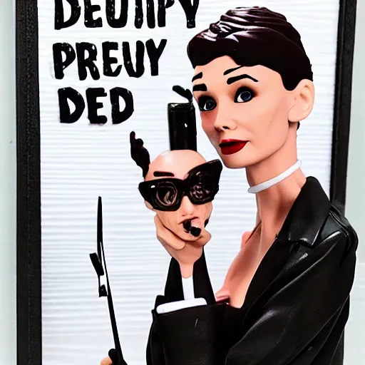 Prompt: audrey hepburn cos play drug dealer, stop motion vinyl action figure, plastic, toy, butcher billy style