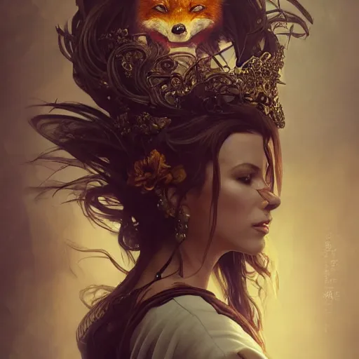 Prompt: a Photorealistic dramatic fantasy render of a beautiful kate beckinsale wearing a beautiful intricately detailed Japanese Fox Kitsune mask and clasical Japanese Kimono by WLOP,Artgerm,Greg Rutkowski,Alphonse Mucha, Beautiful dynamic dramatic dark moody lighting,shadows,cinematic atmosphere,Artstation,concept design art,Octane render,8K