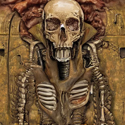 Image similar to boxcar made of human meat and bone, biomechanical railroad, highly detailed, War Photography, by H.R. Giger