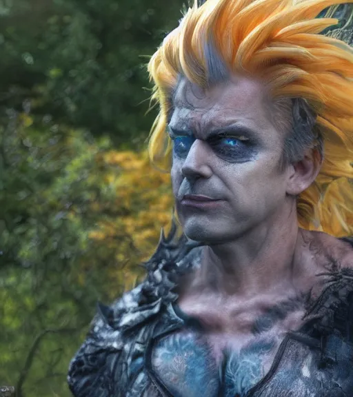 Prompt: award winning 5 5 mm close up portrait color photo of super saiyan trump, in a park by luis royo. fantasy horror style. soft light. sony a 7 r iv