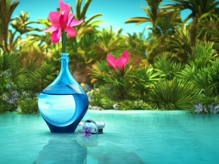 Image similar to perfume bottle standing in a desert oasis in deep blue pond water surrounded by tropical flowers by zaha hadid ; octane highly render, 4 k, ultra hd, 2 0 0 mm, mute dramatic colours, soft blur outdoor stormy sea background, up close shot, sharp focus, global illumination, irakli nadar