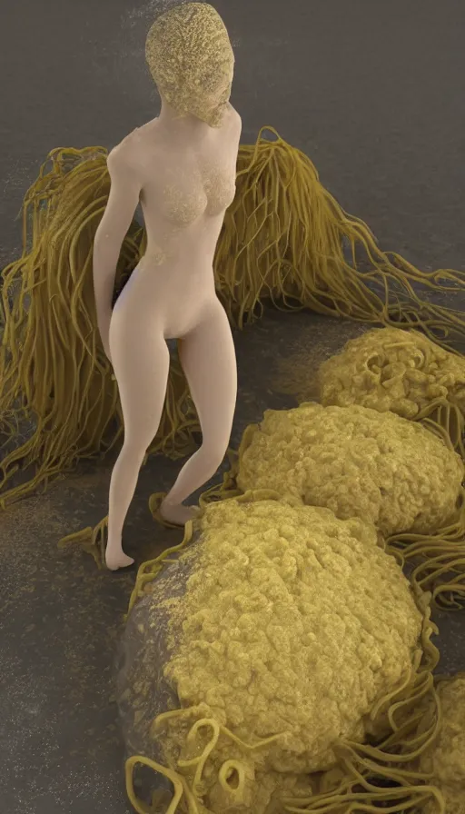 Image similar to a human fruit covered with molds and wearing pasta, fungus, complete figure, 3 d render, photo realistic, highly detailed, vivid colors.