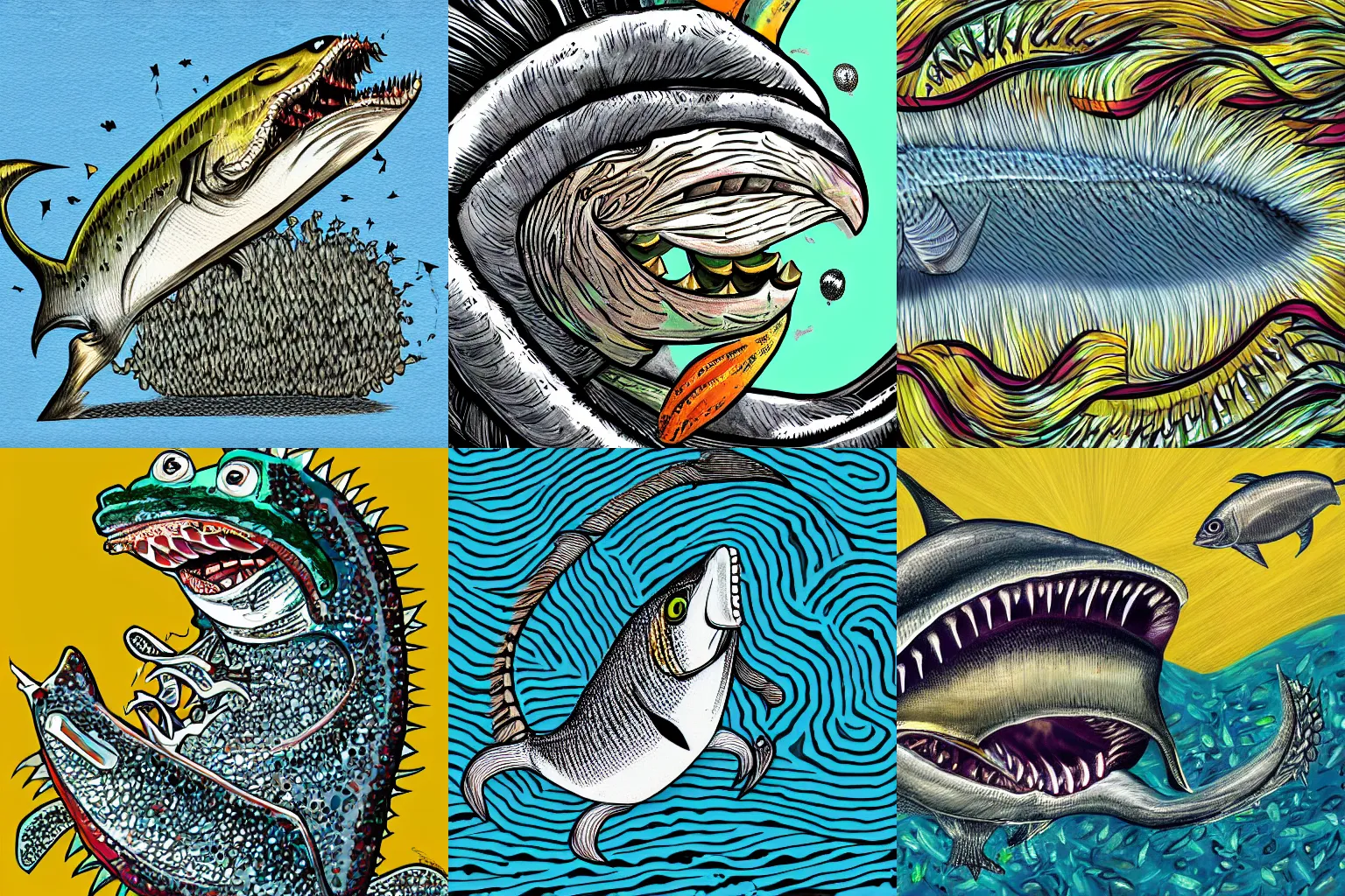 Prompt: a sardine monster, chomping fish, digital art