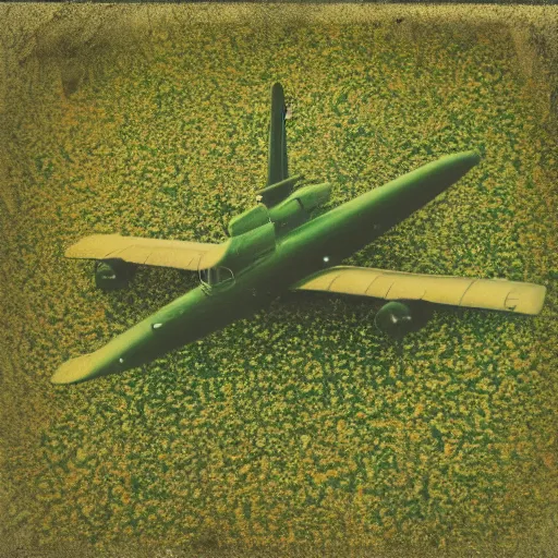 Image similar to heavily green tinted vintage polaroid photograph of a plane flying above a forest, ground level view