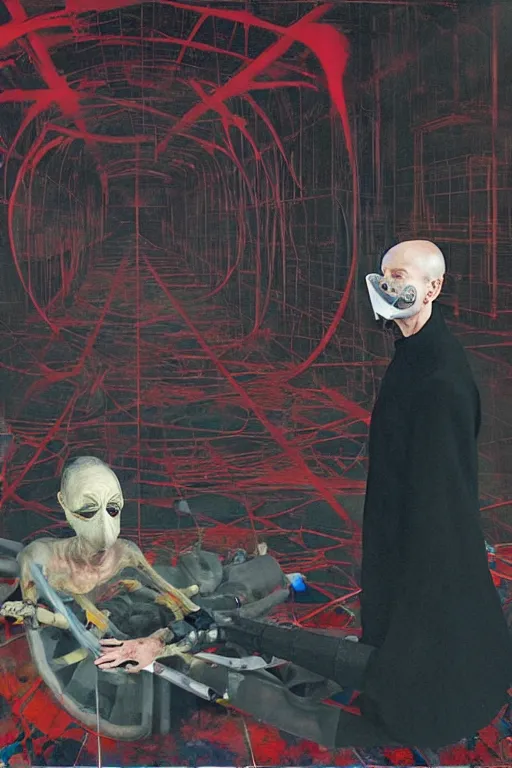 Image similar to the physical impossibility of death, two skinny old people wearing gas masks inside a brutalist designed space ship, gothic, rich deep colours, painted by francis bacon, adrian ghenie, james jean and petra cortright, part by gerhard richter, part by takato yamamoto. 8 k masterpiece