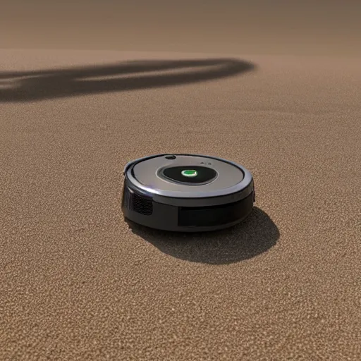 Image similar to a highly detailed digital image of a Roomba by Andrew Chiampo, artstation, and Frederik Heyman, extremely detailed sand, stunning volumetric lighting, hyper realism, fantasy 4k, 8k