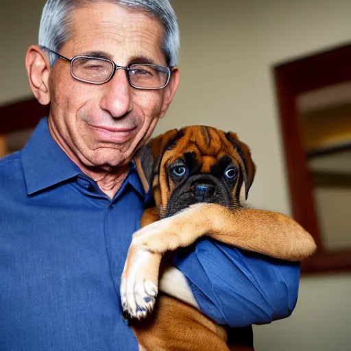 Image similar to 50mm photo, Anthony Fauci holding a boxer puppy