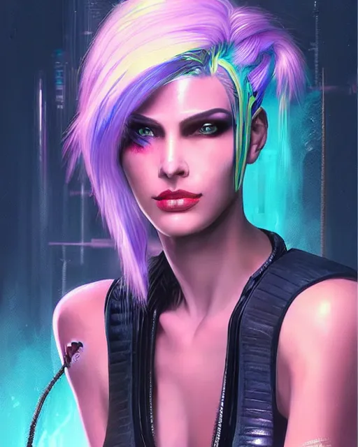 Image similar to a stunning portrait of a cyberpunk queen. she has short neon colored hair and blue eyes. she's a cyberpunk 2 0 7 7 character. digital art by frank frazetta and julie bell, medium shot portrait, highly detailed, trending on artstationhq