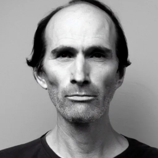 Image similar to A mugshot portrait of a middle aged older man who looks like Jerma985 with a receding hairline and short mid-length wavy hair, wearing mid-1980s menswear in the late 2008, taken in the late 1980s, grainy, realistic, hyperrealistic, very realistic, highly detailed, very detailed, extremely detailed, detailed, trending on artstation, front facing, front view, headshot and bodyshot, detailed face, very detailed face