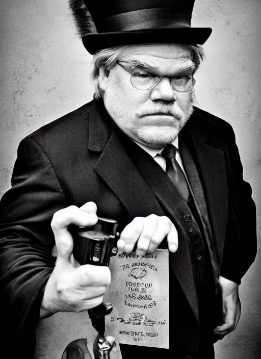 Prompt: seymour hoffman as Mayor Humdinger wearing a tophat in the style of Lee Jeffries, award-winning, detailed, Sony a7R