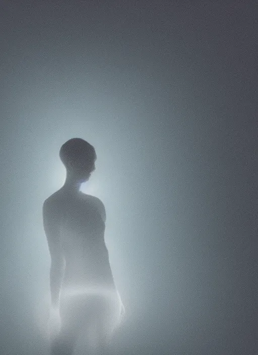 Image similar to a female silhouette, white glowing aura, diffraction grading, fog, film grain, cinematic lighting