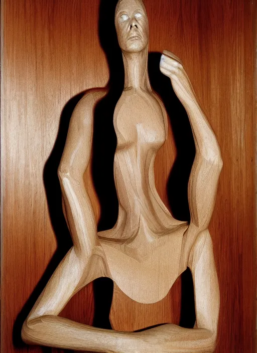 Image similar to realistic photo portrait of the a sculpture of a person morphing into a bird made of wood, poorly designed standing in the wooden polished and fancy expensive wooden interior room 1 9 9 0, life magazine reportage photo