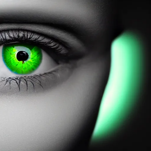 Prompt: highly realistic photo 8 k octane intricate deep focus of a green feminine eye