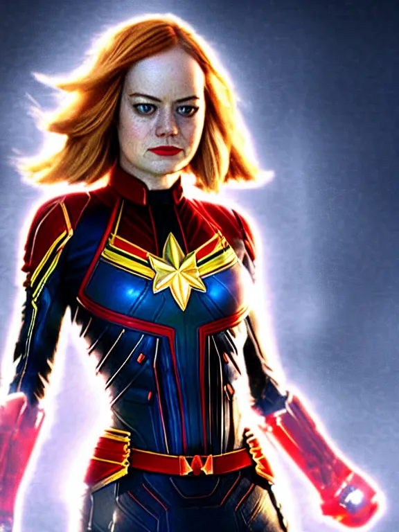 Prompt: photo of emma stone with red and black armour, captain marvel suit, trending on deviantart