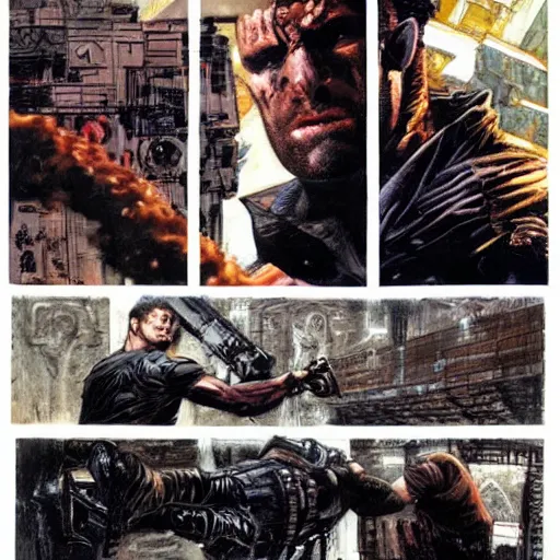 Image similar to The punisher fighting Neo. Epic painting by James Gurney and Belén Ortega.