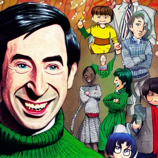 Image similar to a beautifully detailed illustration of mister rodgers as a shonen villain, fine detail, 4 k, award winning