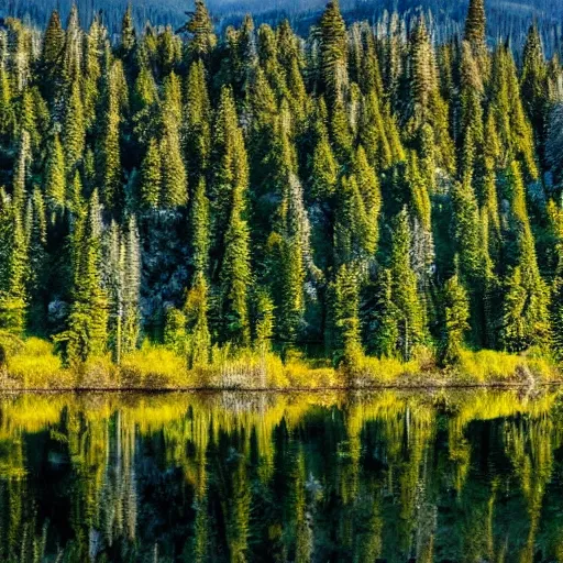 Prompt: a lovely forest, on an island in the middle of a magnificent lake with a mirror reflection of the forest, snow capped mountains in the backdrop, wide angle, high definition.