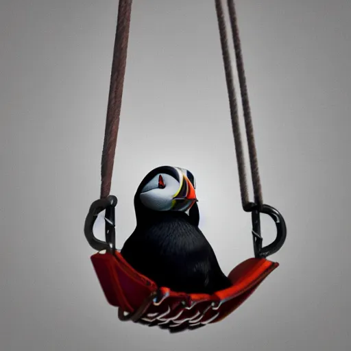 Image similar to puffin in a swing, concept art, cgsociety, octane render, trending on artstation, artstationHD, artstationHQ, unreal engine, 4k, 8k --height 768