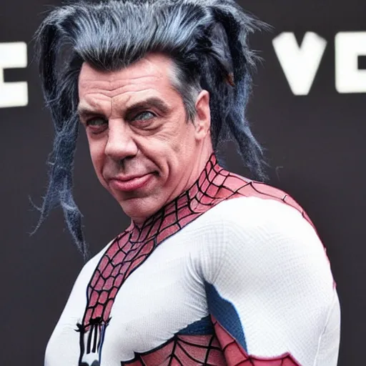 Image similar to till lindemann in costume of spider man