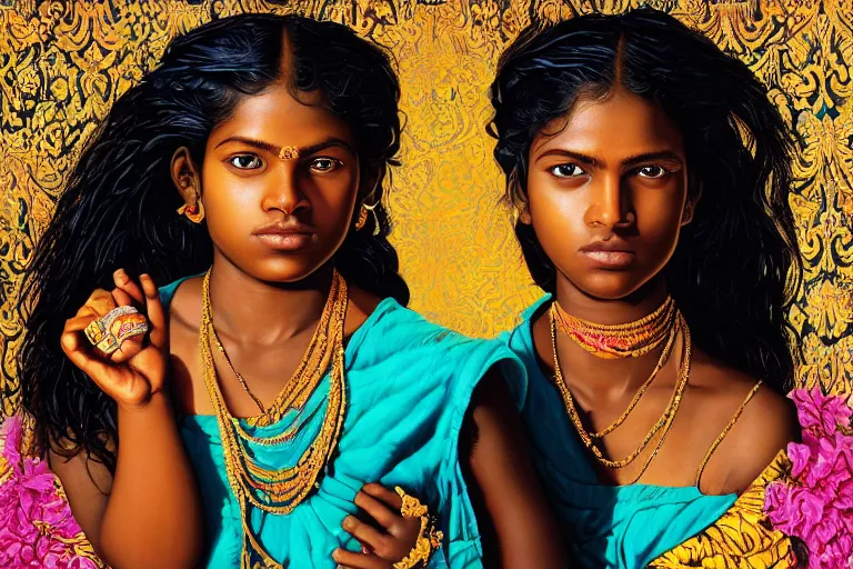 Prompt: a sri lankan girl pirate with iridescent skin by kehinde wiley