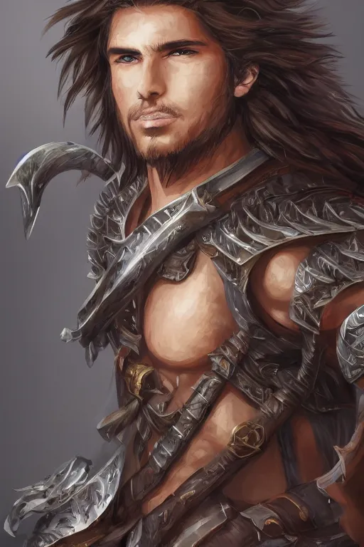 Image similar to A realistic anime portrait of a young handsome male barbarian with long wild hair, intricate fantasy spear, plated armor, D&D, dungeons and dragons, tabletop role playing game, rpg, jrpg, digital painting, by Ayami Kojima, digtial painting, trending on ArtStation, SFW version