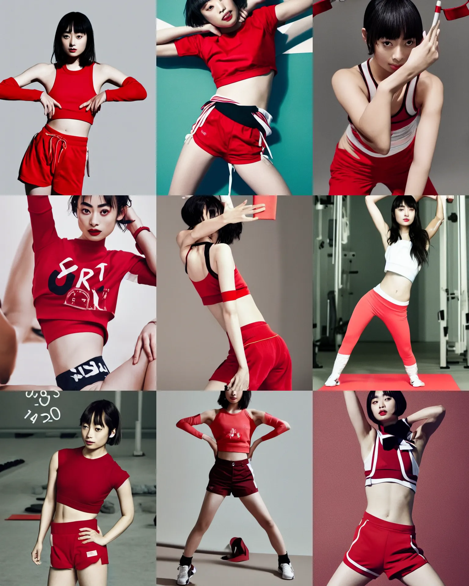 Prompt: suzu Hirose wearing crop red gym top with white lettering, cropped red yoga short, Adverising editorial photo by Mario Testino, masterwork