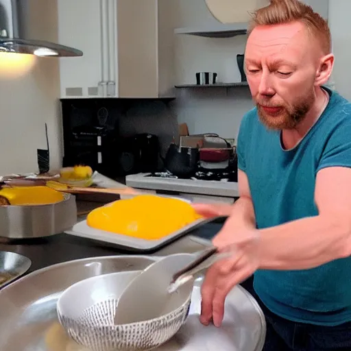 Prompt: thom yorke cooking eggs sunny side up, highly detailed, 4 k