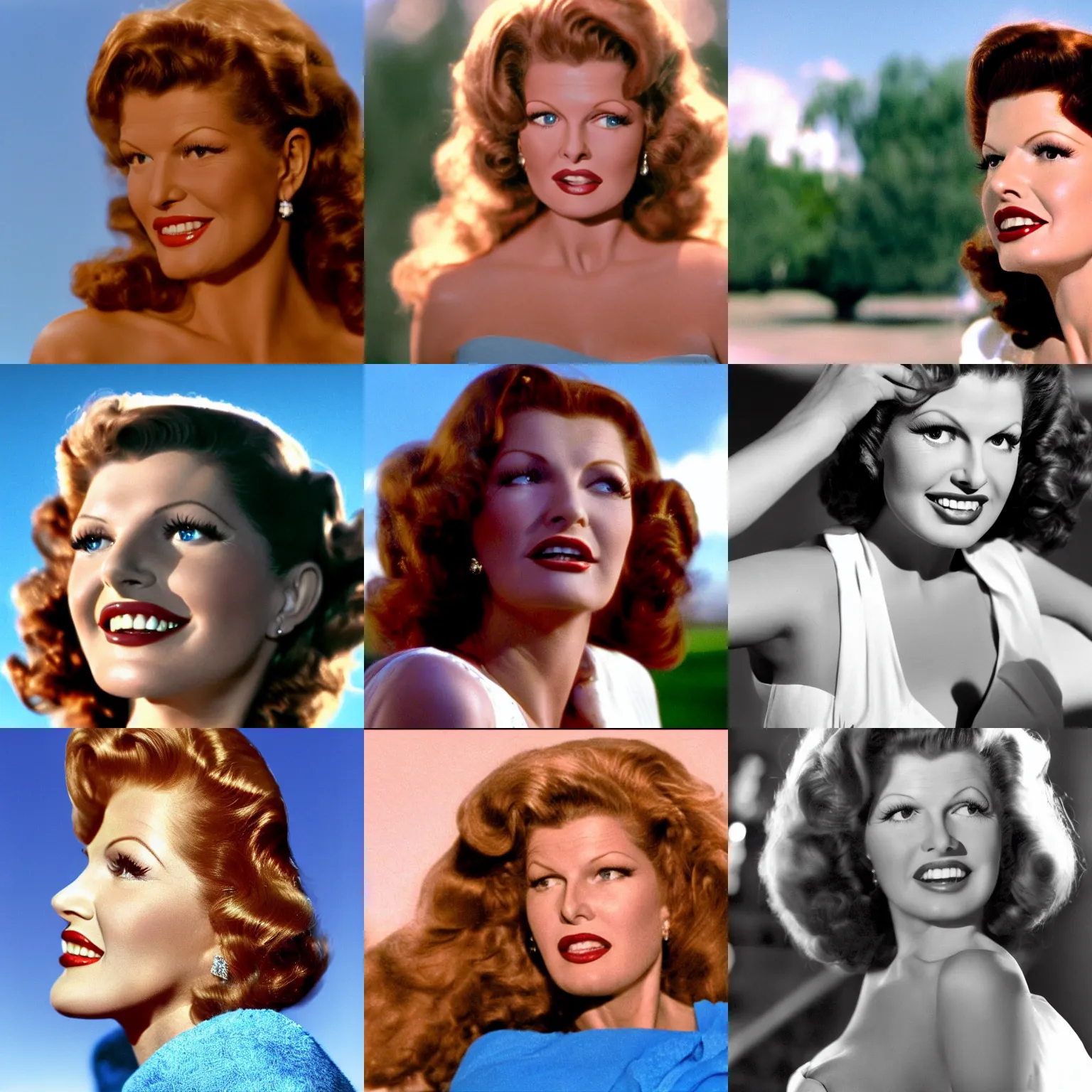 Prompt: hyperrealistic close up shot of rita hayworth in a 2 0 0 5 romantic comedy. she stands in a white dress and looks on the right. fuzzy blue sky in the background. small details, volumetric lighting, 8 5 mm lenses, sharp focus, 8 k