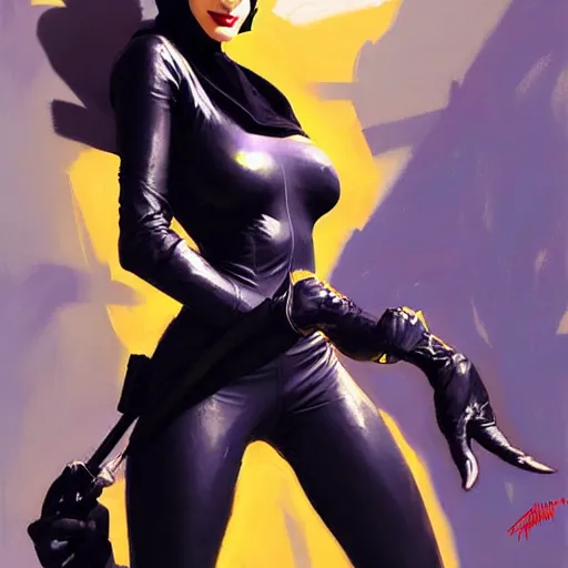 Image similar to Greg Manchess portrait painting of Catwoman as Overwatch character, medium shot, asymmetrical, profile picture, Organic Painting, sunny day, Matte Painting, bold shapes, hard edges, street art, trending on artstation, by Huang Guangjian and Gil Elvgren and Sachin Teng