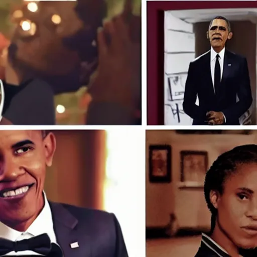 Prompt: realistic photo of casual obama with red hair wearing a black sweater and a green bow tie, still from riverdale