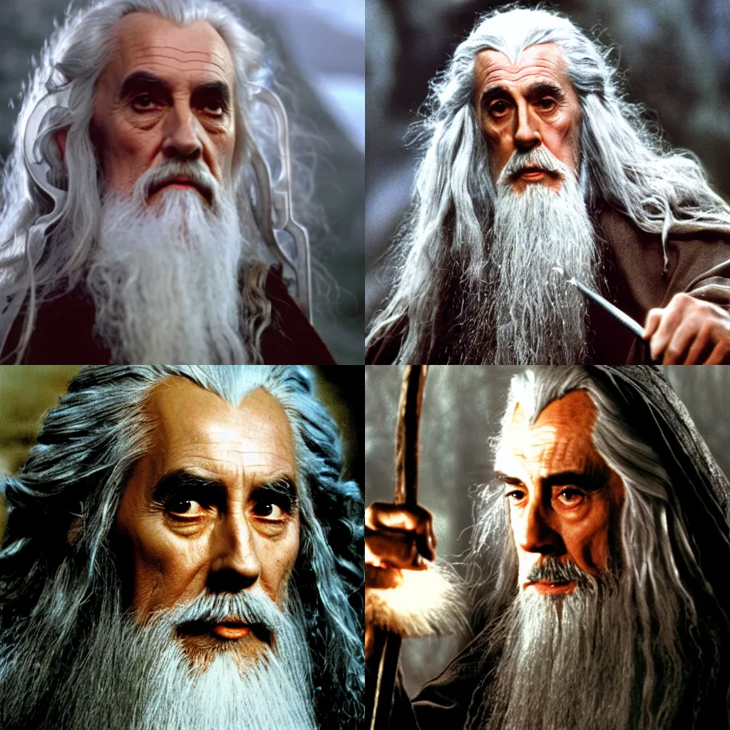 Prompt: christopher lee as gandalf, cinematic still from the lord of the rings ( 2 0 0 1 ), medium shot, portrait, high quality,